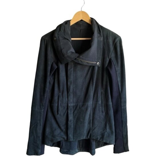 VEDA Black Suede Leather Jacket Wool Knit Panels Underarms Women’s Medium - Picture 6 of 14